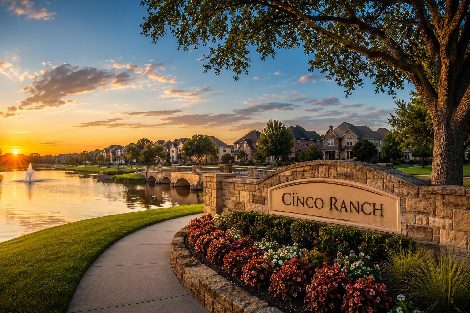Illustrative neighborhood scene from Barker Group’s Cinco Ranch living guide